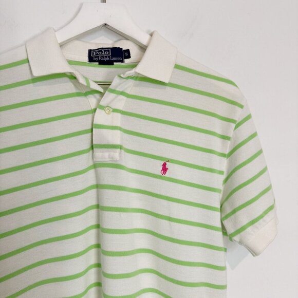 Polo Ralph Lauren Neon Green Striped Button Front Golf Shirt Top Pink Pony Small - Picture 2 of 8